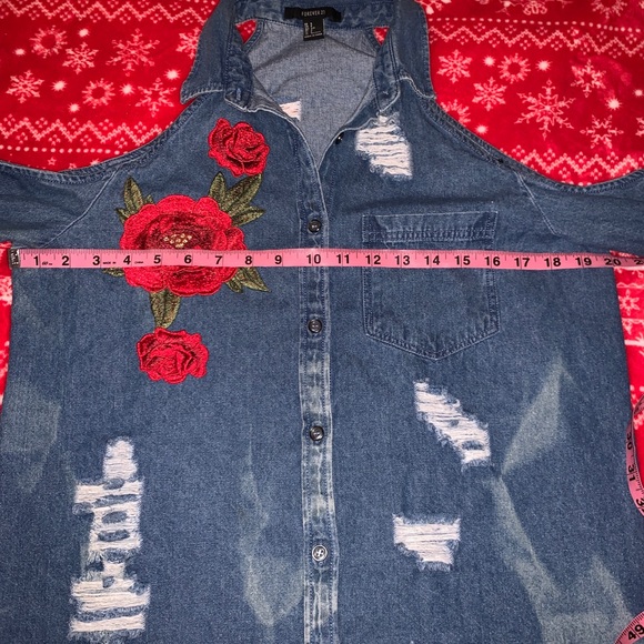 Denim Shoulder out Top with Floral Embellishment - Picture 8 of 8